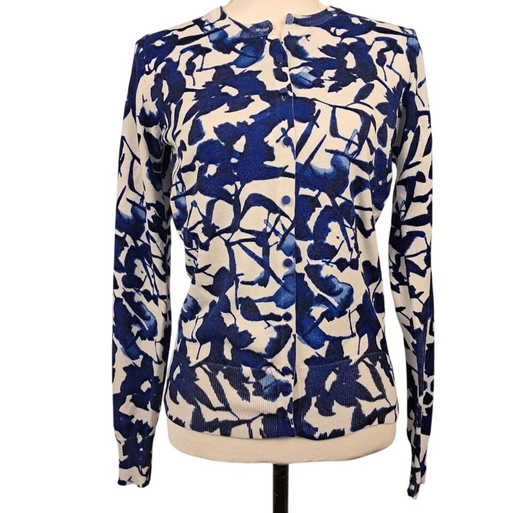 COVINGTON M Vibrant Art to Wear Blue & White Abstract Print Cardigan‎ Lagenlook